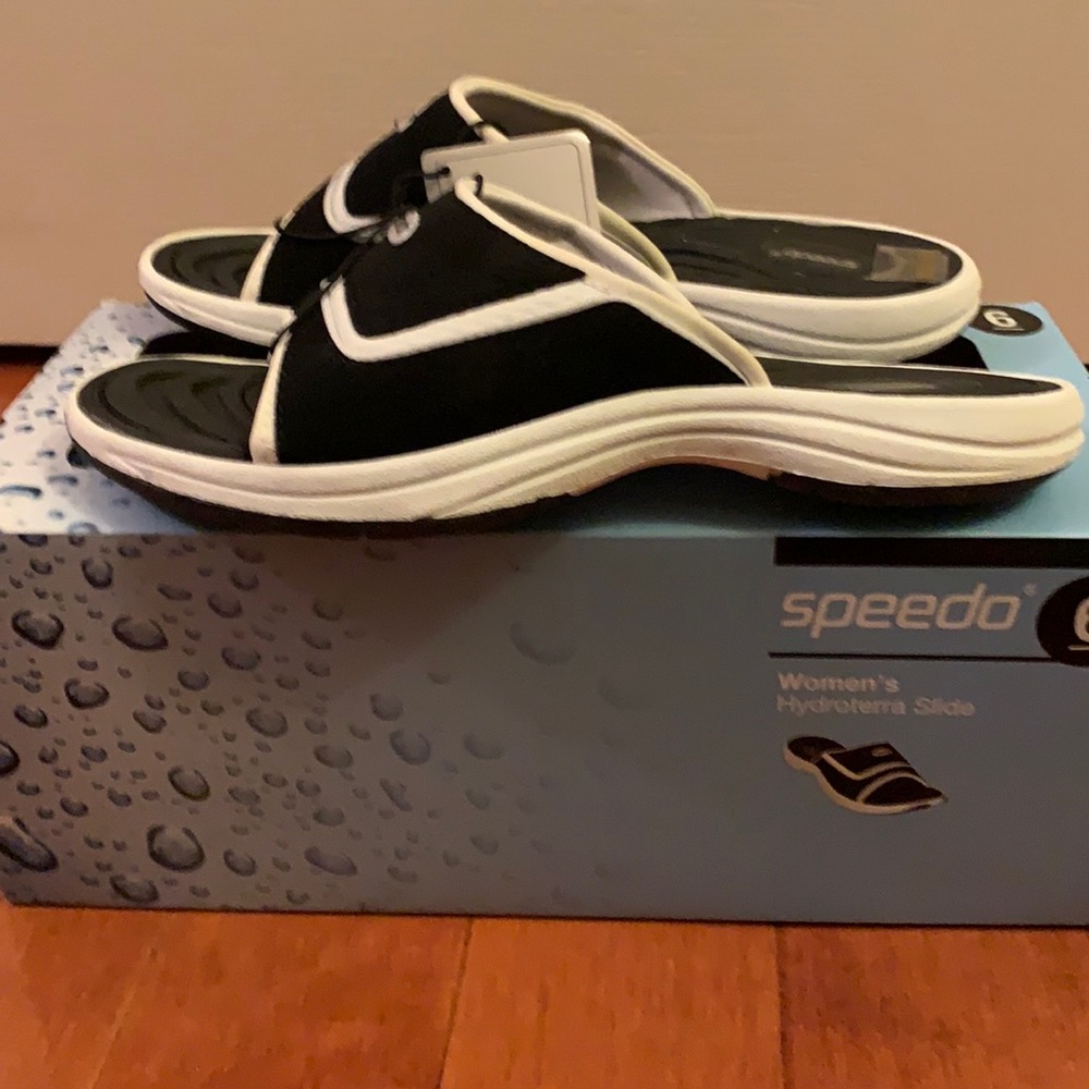 Speedo Women’s Hydroterra Slide Sandals Black White Size‎ 6 NIB